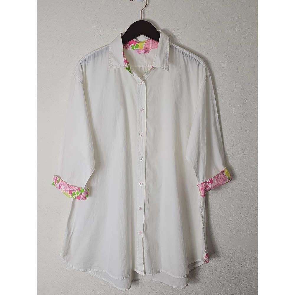 Lilly‎ Pulitzer White Multi-Color Cuff Button Down Tunic Top Size Medium